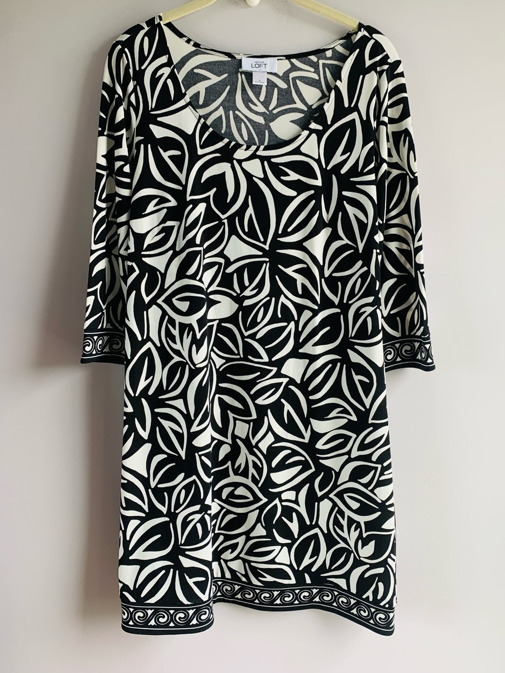 Loft Shift Dress Black White Monotone Tropical Leaf Print Greek Key Office Small